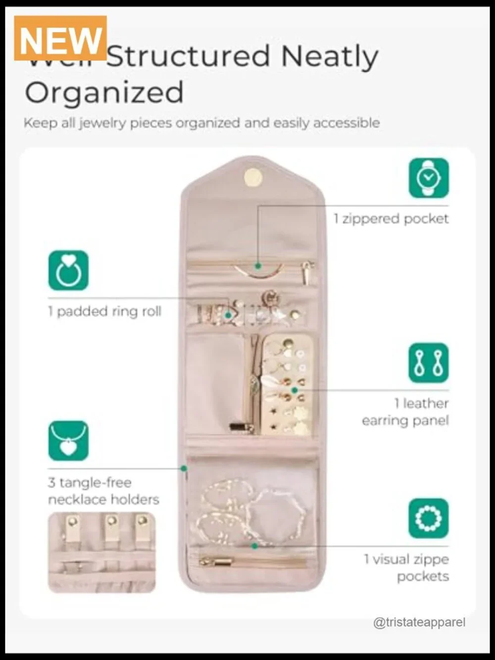 Travel Jewelry Organizer Case Foldable Jewelry Roll for Rings, Necklaces,